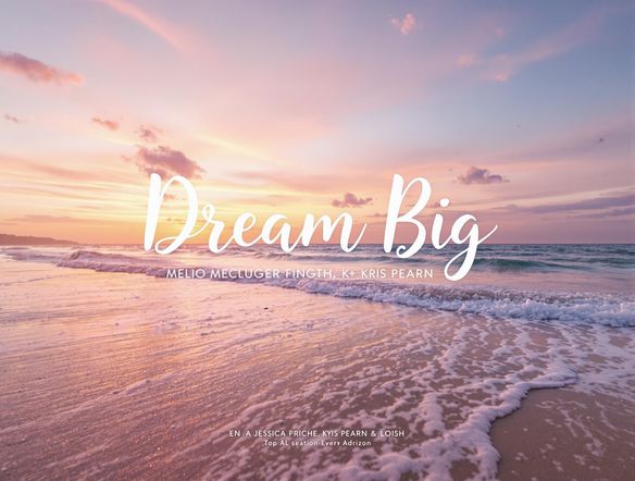 A serene beach scene with the text "Dream Big" elegantly overlaid in a modern sans-serif font. Soft, pastel colors. Use text over image generator techniques for a professional finish. 4k resolution, iPhone wallpaper.