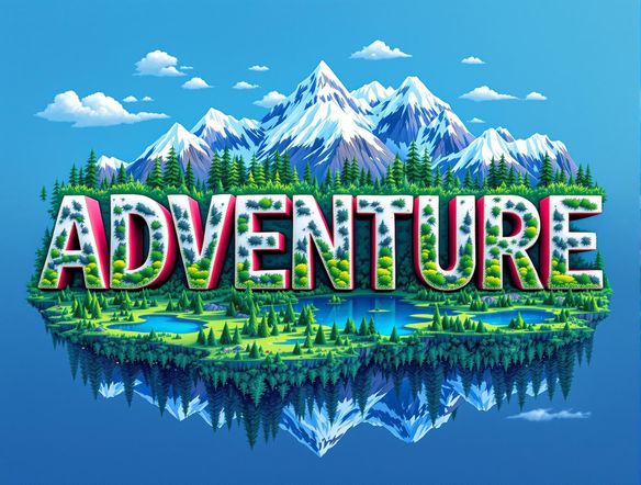 The word "ADVENTURE" filled with a vibrant mountain landscape. Use image inside text generator techniques to seamlessly integrate the image within the text. Bright, adventurous color palette. 4k resolution, iPhone wallpaper.