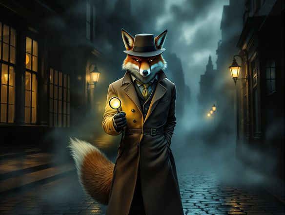 A majestic anthropomorphic fox in a detective's trench coat and fedora, holding a magnifying glass, standing on a foggy Victorian street.