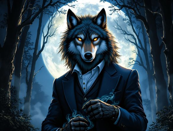 A majestic wolf character in a tailored suit, detailed human-like animal art, standing confidently in a moonlit forest, fantasy illustration style.