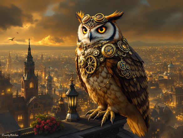 A steampunk-inspired owl character with goggles and gears, perched on a rooftop overlooking a Victorian city, intricate details, anthro art maker, digital painting.