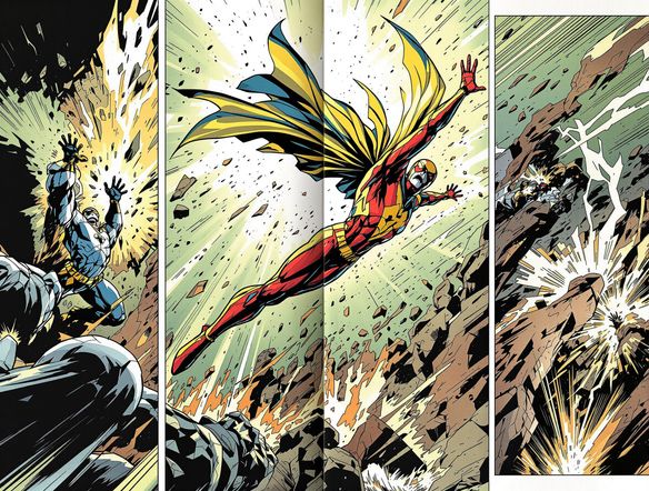 A dynamic comic book page layout with multiple panels showcasing a superhero in action, intricate details, dramatic lighting, graphic novel layout tool style.