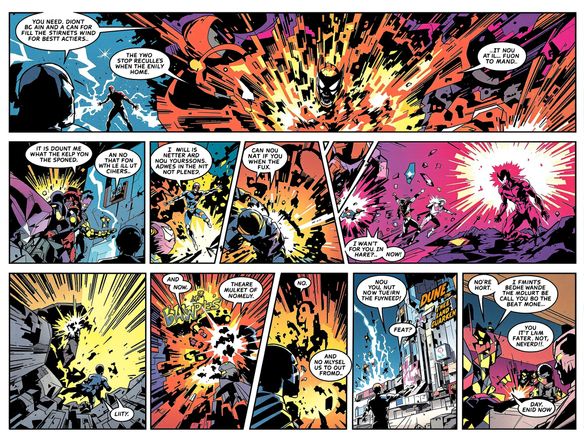 A dynamic comic strip layout with varying panel sizes, showcasing action and dialogue bubbles, rendered in a vibrant, modern comic art style.