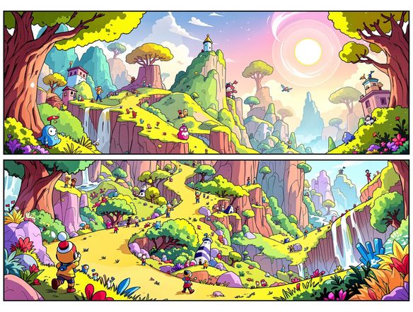 A vibrant, multi-panel comic strip layout featuring a whimsical character's adventure, clear panel progression, bold outlines, online comic strip creator aesthetic.