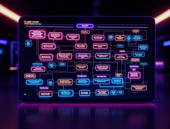 A vibrant flow chart diagram on a digital screen, glowing connections, stylish bubble letter headings, clean and modern design.