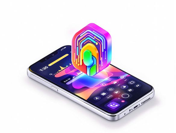 A vibrant, minimalist app icon floating above a sleek smartphone interface, showcasing a modern design with a transparent background.