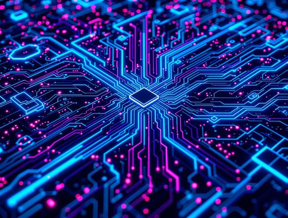 A futuristic app icon design featuring a glowing circuit board pattern with an image transparent background generator effect. The icon should evoke technology and innovation, suitable for a software or tech-related app. Use neon colors.