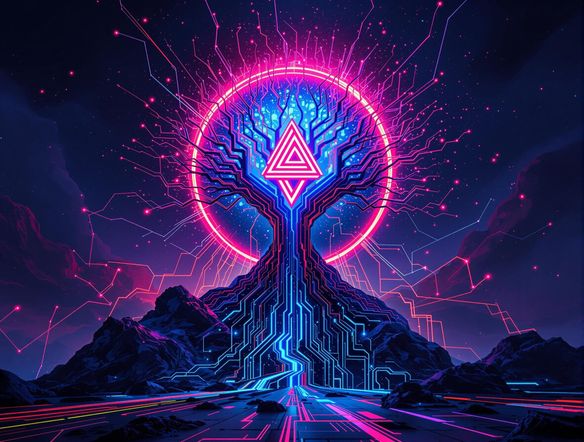 A bold and iconic gaming logo design featuring a powerful symbol emerging from a digital tree structure. High-resolution, modern design, vibrant colors, professional quality, tree generator online.