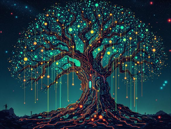 A vibrant and dynamic gaming logo featuring a stylized tree with interconnected nodes, representing a game tree generator. Neon colors, futuristic elements, high-resolution, digital art.