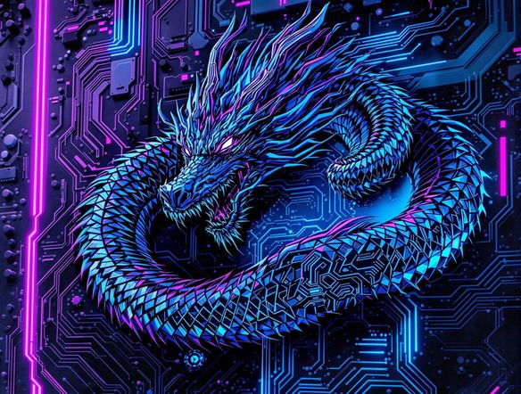 A dynamic gaming logo featuring a stylized dragon intertwined with a futuristic circuit board, neon highlights, intense, action-packed.