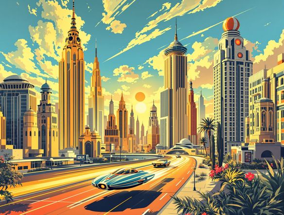 A vibrant cityscape in a retro-futurism style, with flying cars and towering art deco skyscrapers, inspired by vintage sci-fi book covers. 1950s color palette, detailed illustration.