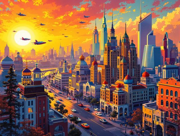 A vibrant, stylized cityscape with flying cars and towering art deco skyscrapers, bathed in the warm glow of a setting sun, evoking a classic retro-futuristic aesthetic.