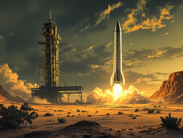 A sleek, chrome-plated rocket ship launching from a desert launchpad, rendered in a classic dieselpunk art style. Atomic age aesthetic, dramatic lighting, sense of adventure.