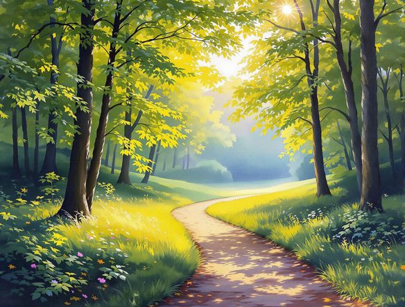 A sun-dappled forest clearing with a winding path, rendered using the broken color technique. The light filters through the leaves, creating a shimmering effect. Landscape art generator.