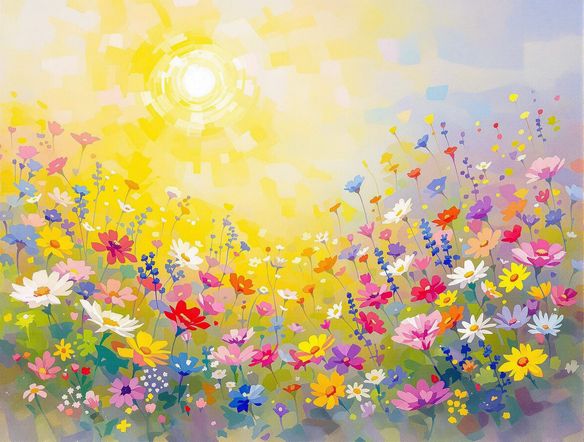 A vibrant, sun-drenched field of wildflowers painted in the style of Monet, with soft, dappled light and visible brushstrokes.
