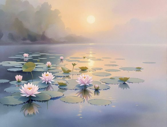 A serene water lily pond at sunrise, painted in the distinct style of Claude Monet, featuring soft, blended colors and a tranquil atmosphere. Impressionist landscape AI tool.