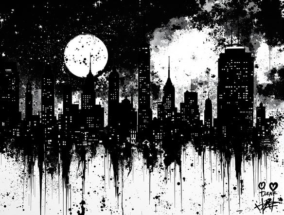 A dynamic stencil design of a cityscape at night, featuring silhouetted skyscrapers and a full moon. Executed in a classic spray-painted stencil style with a gritty texture.