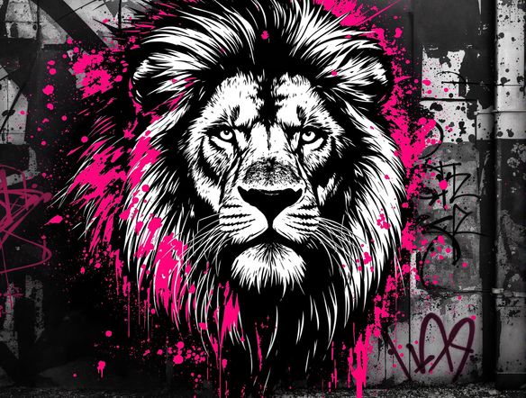 A vibrant, high-contrast stencil art portrait of a majestic lion, rendered in black and white with splashes of neon pink. Street art style, urban background.