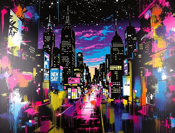 A vibrant stencil art piece depicting a cityscape with spray paint textures and bold outlines, showcasing the AI stencil art generator's capabilities.