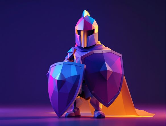 A stylized low polygon character, a knight with a shield, rendered with clean edges and a limited color palette, showcasing the capabilities of an AI 3D art generator.