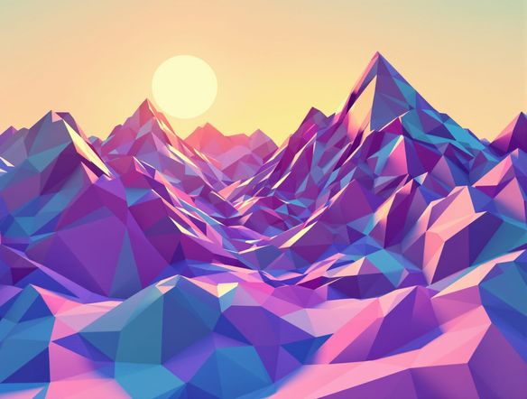 A vibrant, low poly landscape with sharp geometric mountains and a stylized 3D sun, rendered in a clean, modern art style.