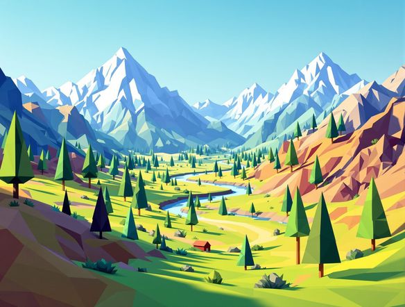 A vibrant landscape rendered in a clean, geometric low poly art style, featuring stylized mountains, trees, and a winding river under a clear blue sky.