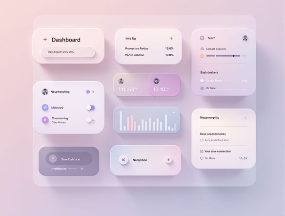 A clean and modern UI dashboard showcasing neumorphic buttons and cards with a soft extruded effect, subtle shadows, light pastel color palette, high detail.