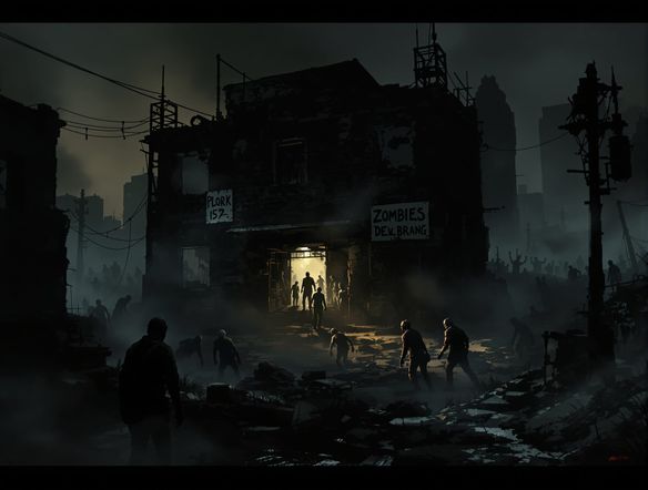 A desolate cityscape overrun by zombies in the walking dead style art, survivors hiding in a barricaded building, eerie fog, dramatic lighting, post-apocalyptic atmosphere.