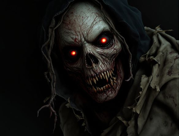 A detailed horror zombie design, showing a close-up of a decaying face with glowing red eyes, tattered clothing, intricate textures, dark and gritty atmosphere, horror zombie design maker.