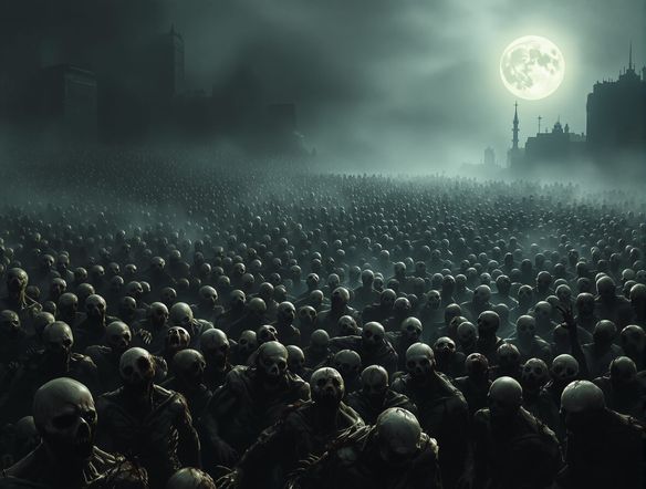 A horde of diverse zombies emerging from a foggy, post-apocalyptic cityscape, illuminated by moonlight, showcasing detailed textures and eerie atmosphere.
