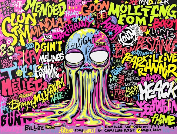 A vibrant, chaotic bootleg t-shirt design featuring a melting cartoon character, bold graffiti-style text, and distorted brand logos. High contrast, neon colors, 90s aesthetic.