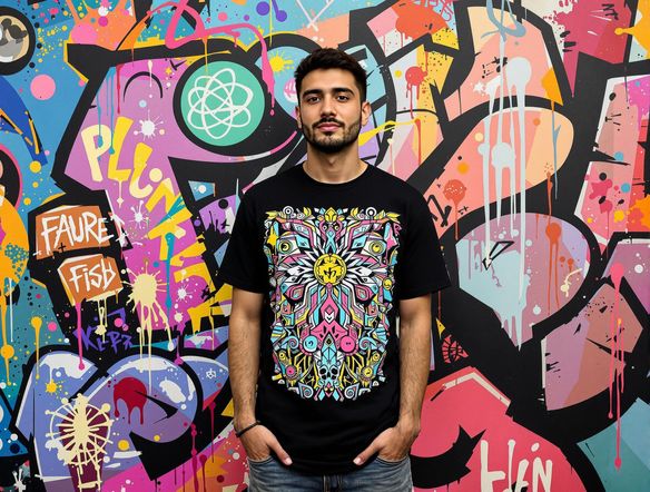 A person proudly wearing a custom-designed t-shirt in front of a vibrant, graffiti-style background, showcasing the shirt's unique design.