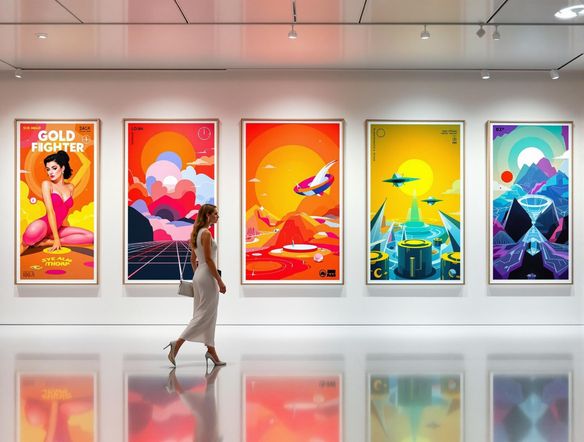 A brightly lit art gallery featuring a variety of posters displayed in sleek, modern frames, creating a visually appealing and professional presentation.
