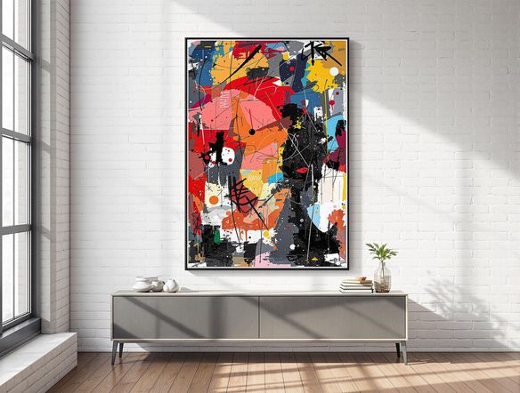 A high-resolution photograph of a framed poster hanging on a white brick wall in a modern loft apartment, showcasing a vibrant abstract design. Natural light streaming through a large window. Soft, diffused lighting.