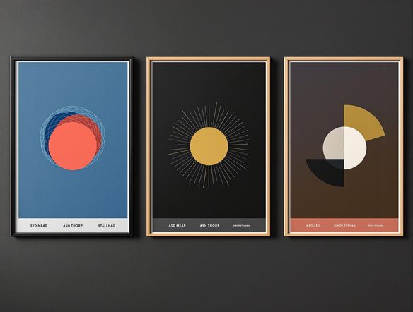 A digital rendering of three posters arranged symmetrically on a dark gray wall, each with a different style of frame (black, gold, and natural wood). The posters feature minimalist geometric designs in contrasting colors. Studio lighting.