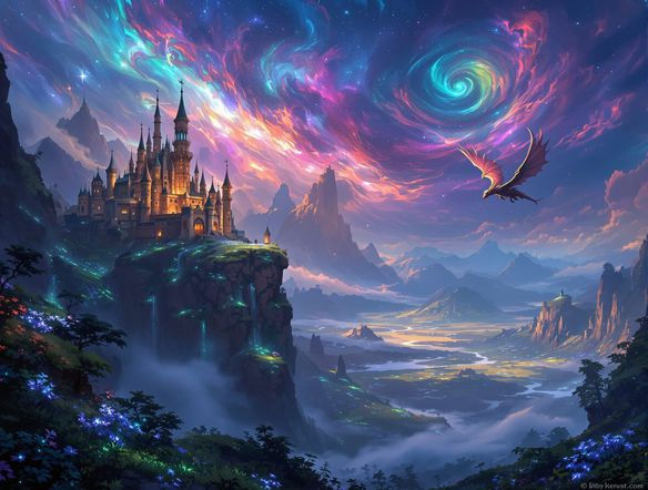 A sprawling fantasy landscape with a majestic castle on a cliff, glowing magical flora, and a dragon flying in the vibrant, painterly sky. Digital concept art style.