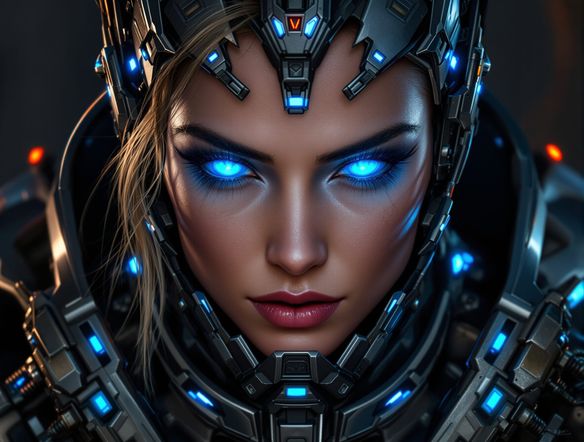 A close-up portrait of a cybernetically enhanced female warrior with glowing blue eyes, intricate futuristic armor, and a determined expression. Sci-fi character concept art.