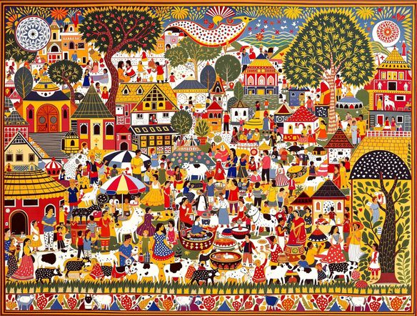 A colorful Madhubani painting showcasing a village scene with figures and animals, geometric patterns, Bihar art generator, Madhubani painting tool, symbolic motifs, bright earthy tones.