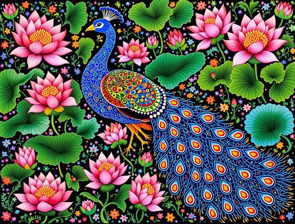 A vibrant Madhubani painting depicting a peacock and lotus flowers, intricate line work, traditional Indian painting AI, Mithila art style, rich color palette.