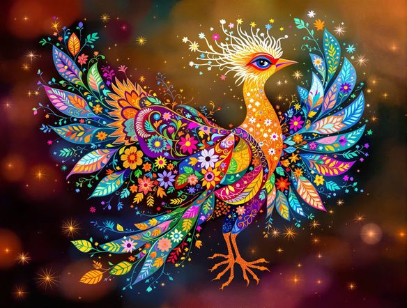 Vibrant Madhubani painting style, depicting a mythical bird with intricate floral patterns, rich earthy tones, modern digital art.