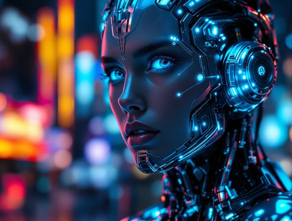 A hyperrealistic cyborg portrait, merging organic human features with sleek, futuristic metallic implants and glowing blue circuitry, set against a dark, neon-lit cityscape.