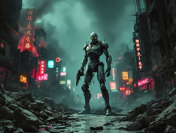 A gritty, dystopian scene featuring a battle-scarred robot human hybrid, standing amidst the ruins of a futuristic city, illuminated by neon signs and smoke.