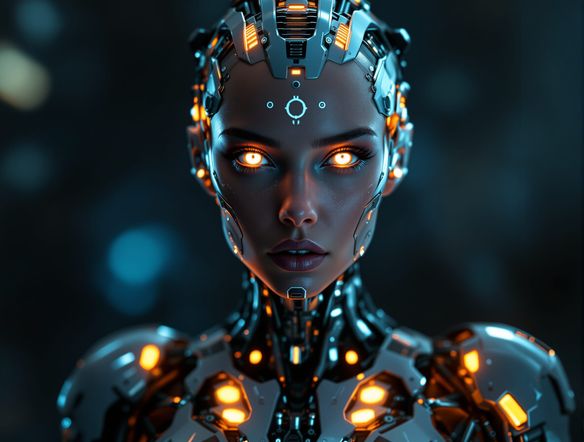 A highly detailed portrait of a female cyborg, showcasing intricate mechanical implants and glowing cybernetic eyes, rendered in a photorealistic style with a dark, atmospheric background.