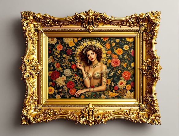 An ornate, vintage frame rendered in intricate gold leaf, showcasing a detailed digital painting within. The overall aesthetic is opulent and detailed, highlighting the capabilities of a digital gold art creator.