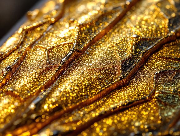 Close-up macro shot of a fantasy creature's wing, detailed with a realistic gold foil effect. The texture is rich and varied, showcasing the advanced capabilities of a gold leaf texture generator.