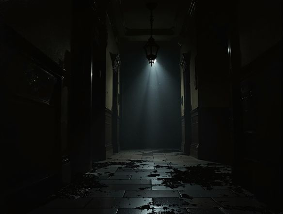 A dimly lit, abandoned Victorian mansion hallway, long shadows stretching from unseen sources, dust motes dancing in a single beam of moonlight, creating a palpable creepy atmosphere.