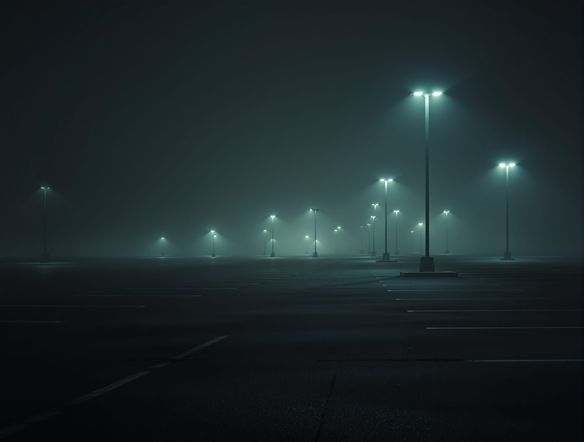 An empty, fog-drenched parking lot at night, illuminated by flickering fluorescent lights, with a vast, empty expanse suggesting a liminal space and the unnerving feeling of being watched.