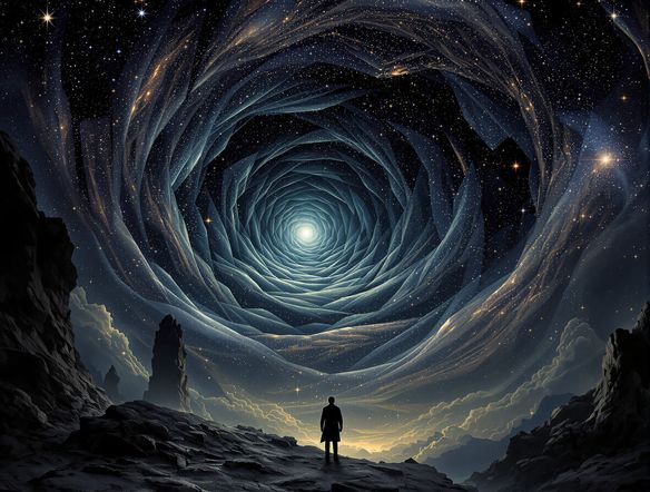 A lone, terrified scholar gazing at a swirling vortex of stars and impossible geometry in the night sky, rendered in h.p. lovecraft style art. Muted, desaturated colors, sense of cosmic insignificance.