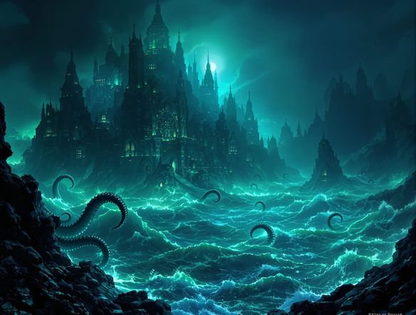 An ancient, cyclopean city submerged beneath a churning, phosphorescent ocean, with colossal tentacles emerging from the depths. Eldritch art style, deep blues and greens, unsettling atmosphere.