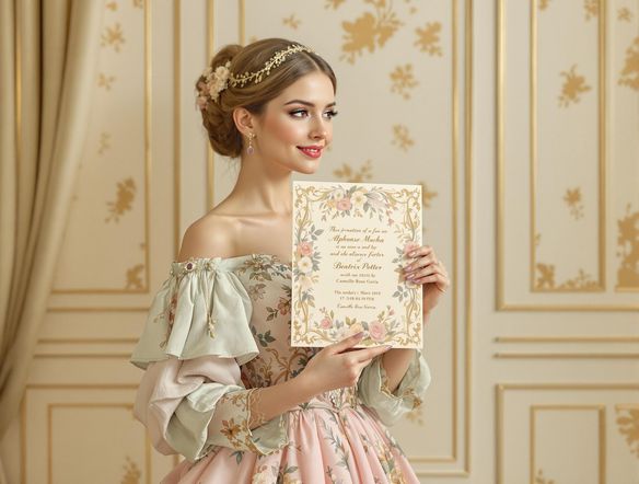 Elegant invitation with floral designs, soft pastel colors, and gold accents, showcasing a sophisticated event theme.